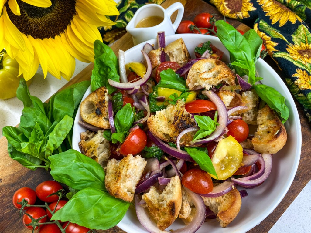 Panzanella Salad in a white bowl