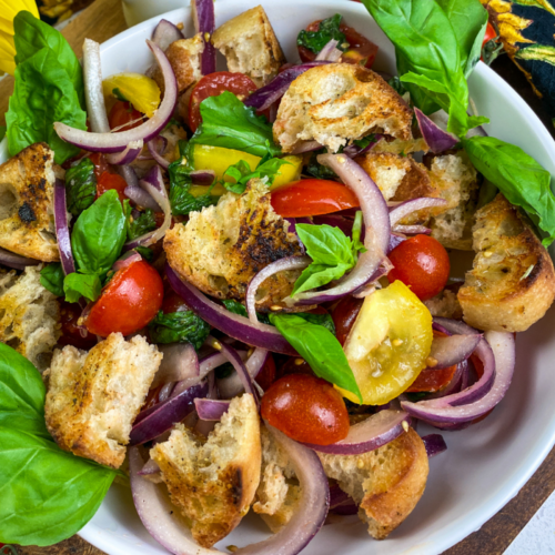 Panzanella Salad on a white bowl