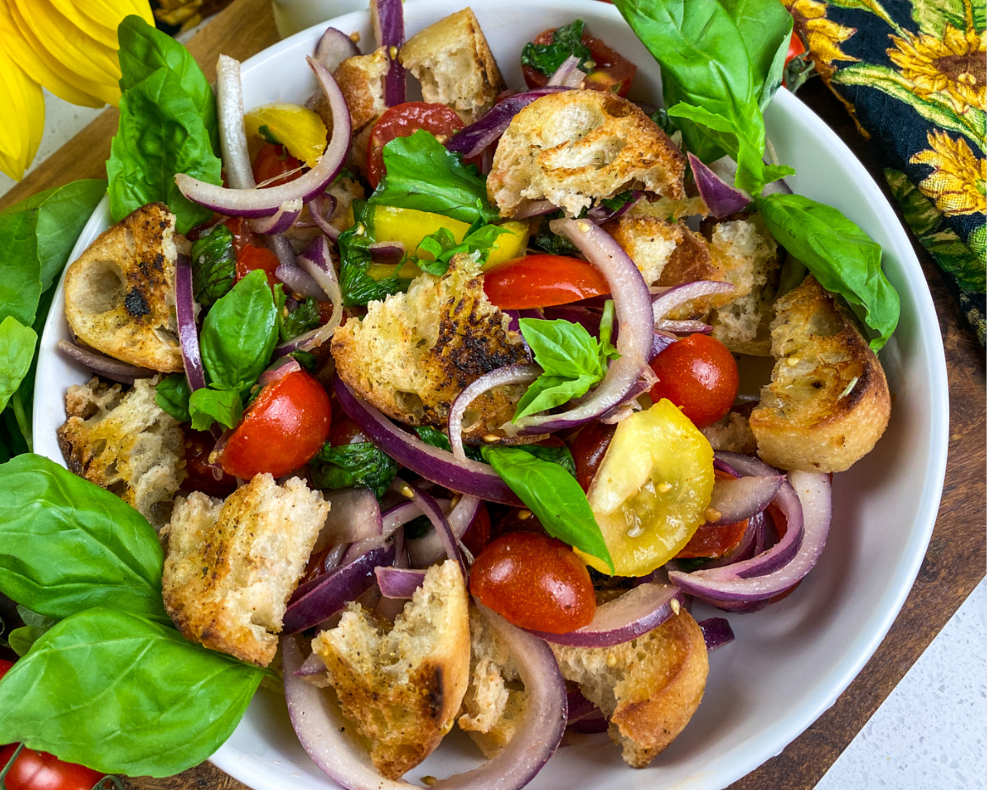 Panzanella Salad on a white bowl