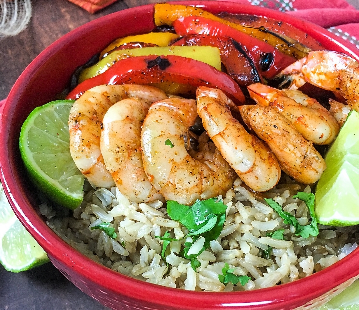 Shrimp Fajita with Rice on a red bowl