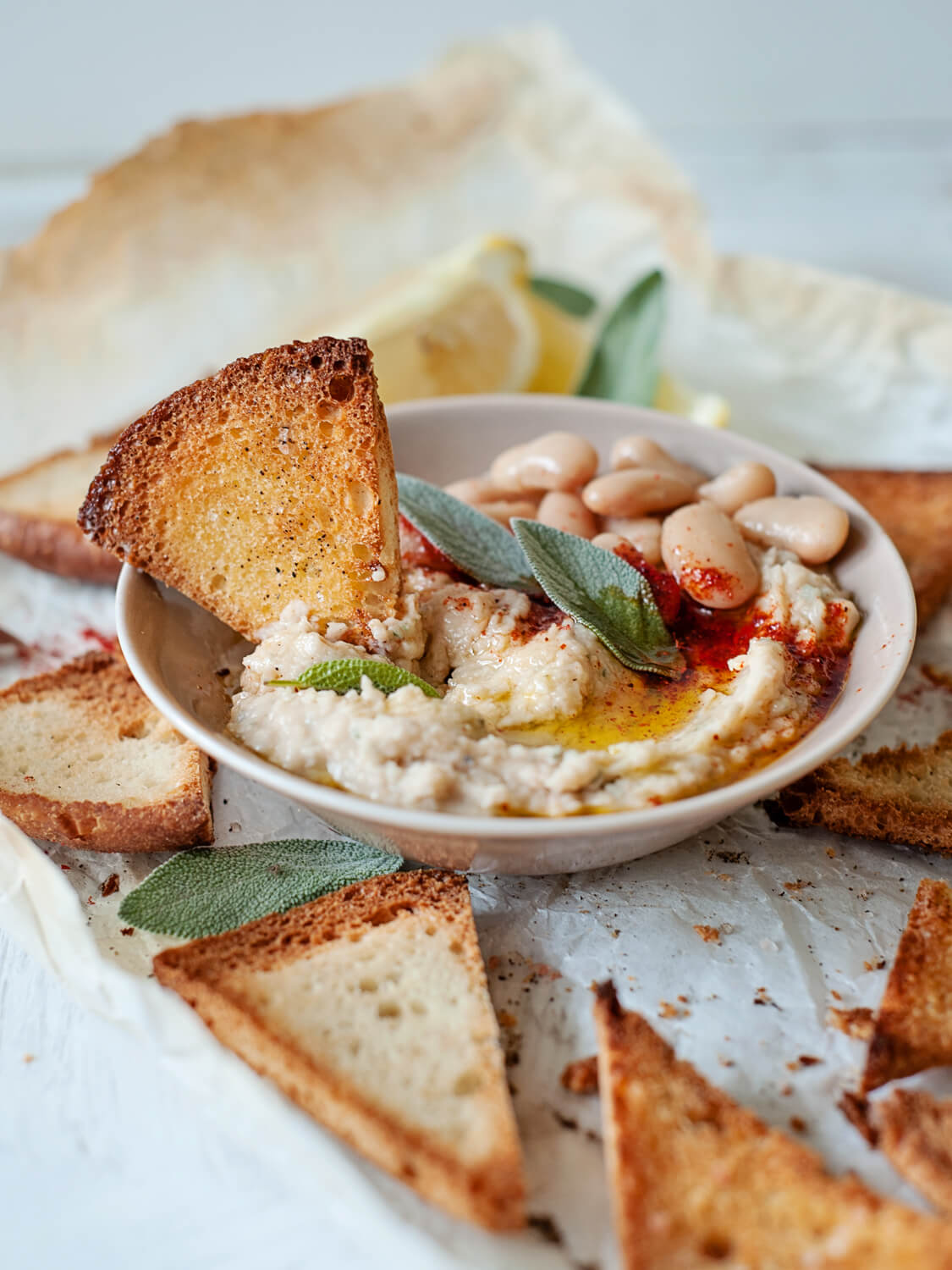 Delicious Homemade White Bean Dip surrounded with Pita Chips