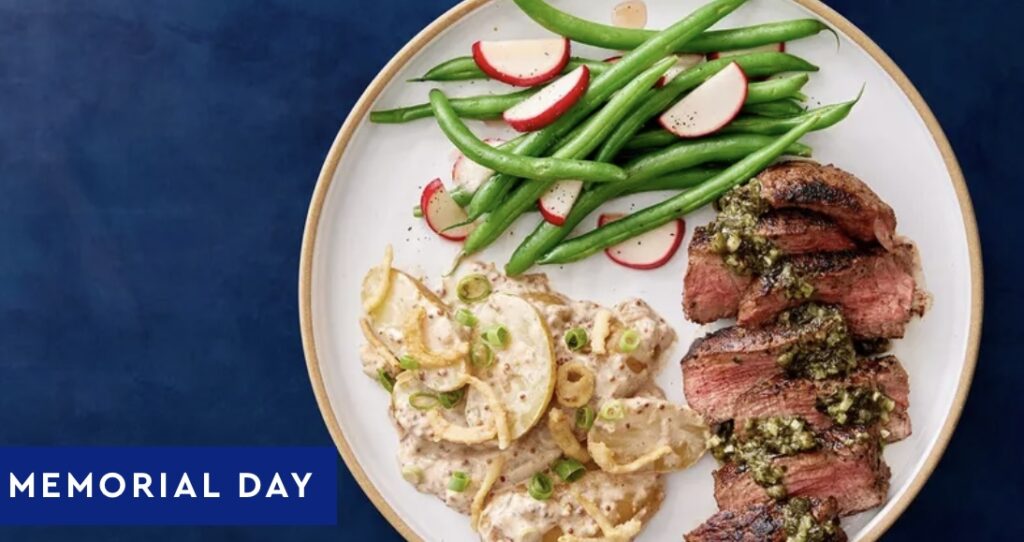 photo of a Blue apron meal of beef potatoes and green beans plated