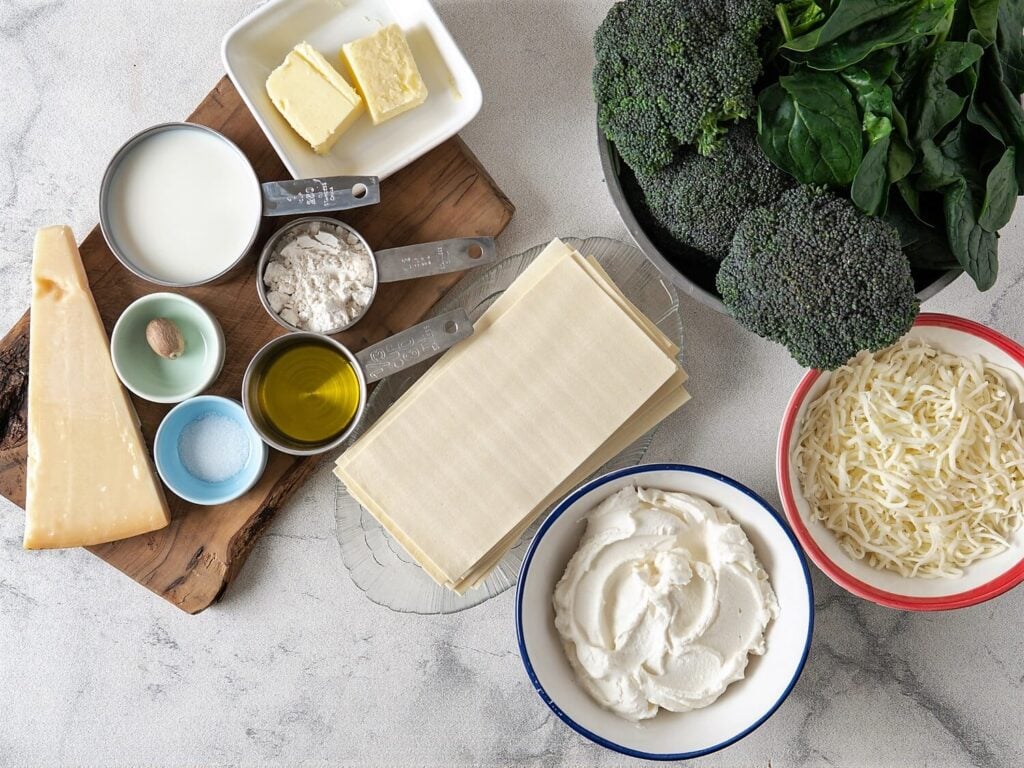 Spinach and Broccoli Lasagna ingredients