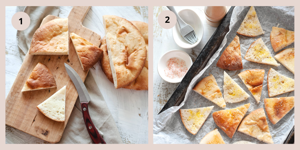 cutting and seasoning the pita bread chips