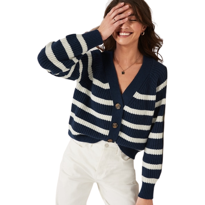 Brushed Striped Shaker-Stitch Cardigan Sweater