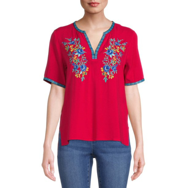 The Pioneer Woman Notch Neck Embroidered Top with Short Sleeves