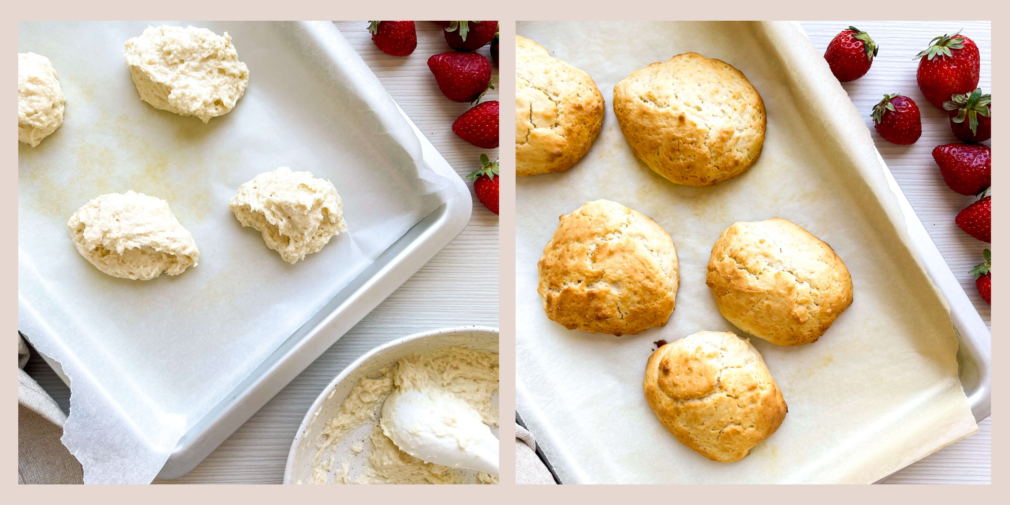 scoops of shortcake dough on baking sheet