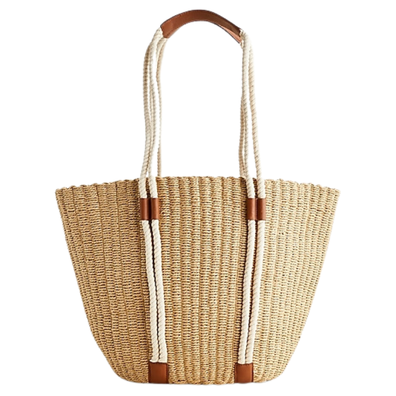 Woven-straw market tote with rope handles