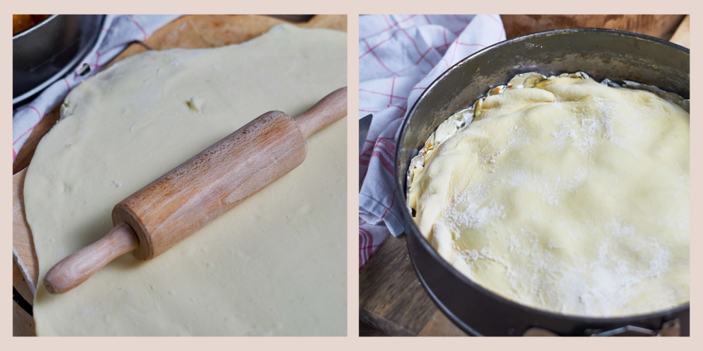 rolling the dough and placing it on top of the apples