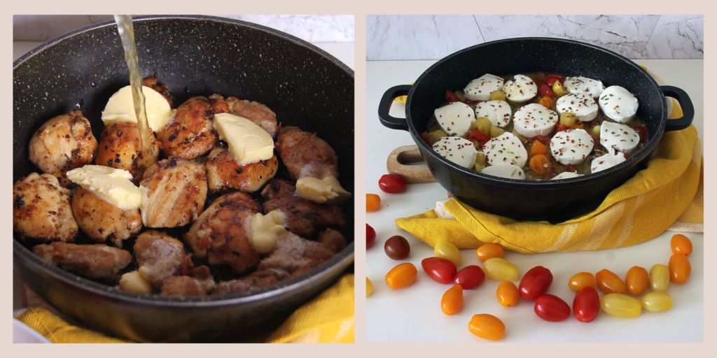 steps on putting fresh ingredients on chicken skillet