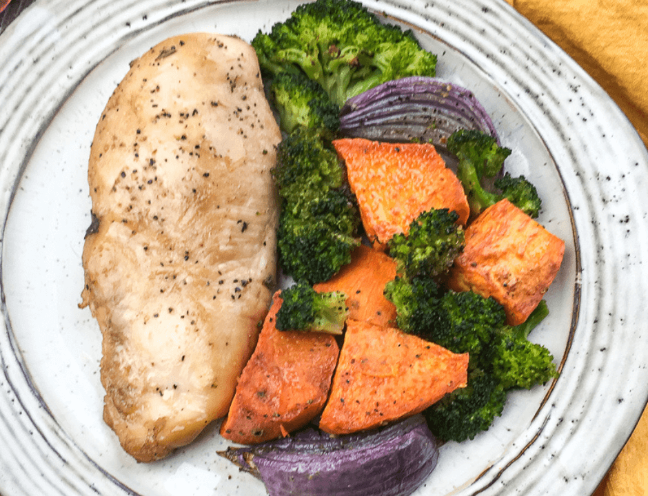Balsamic Chicken Breasts with Roasted Onions, Carrots, and Broccoli