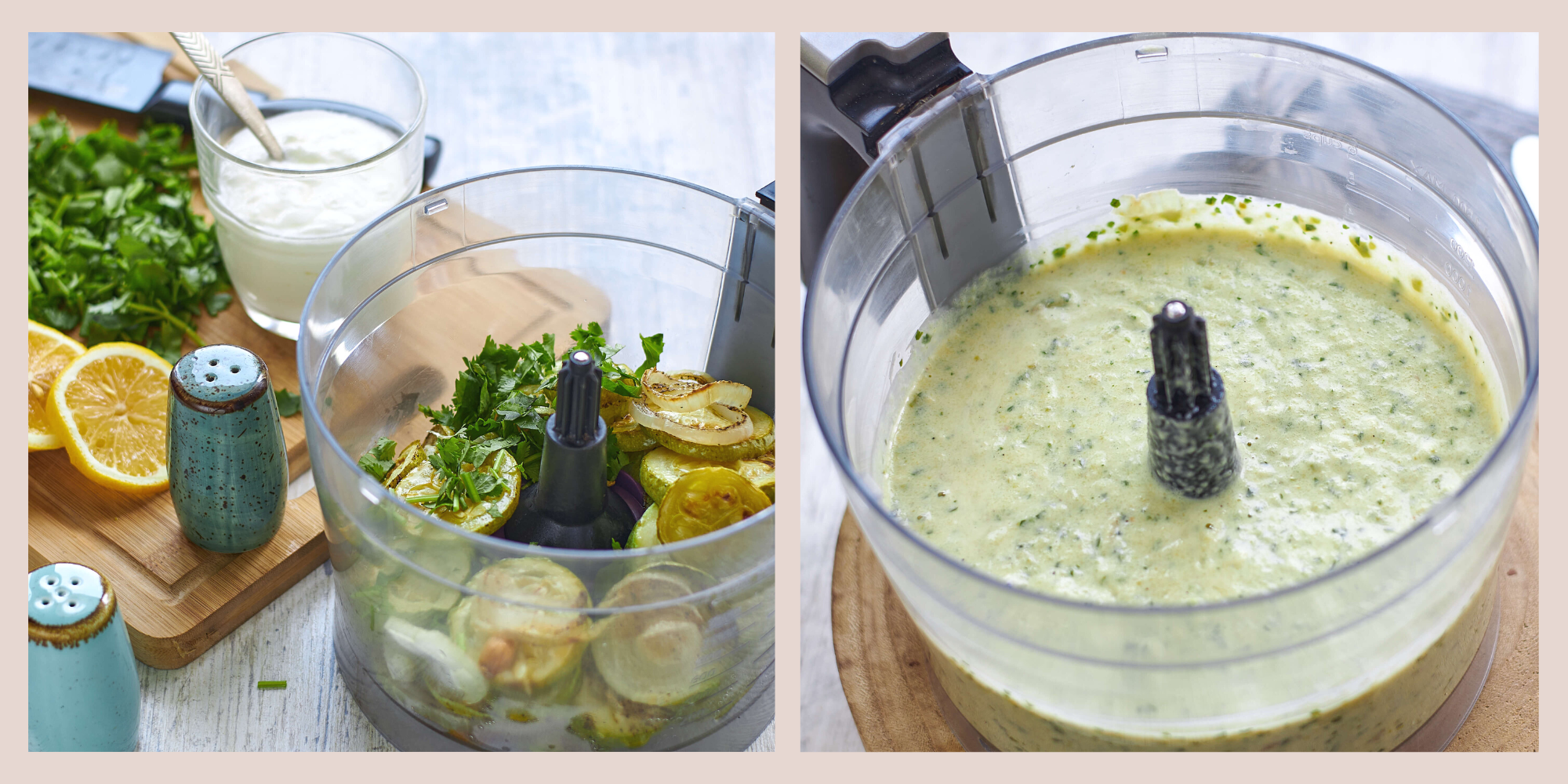 zucchini dip being made in a food processor