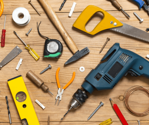 A flat lay of home improvement tools