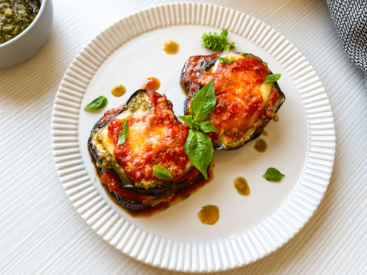 Two pieces of Eggplant Pesto Parmesan (2)