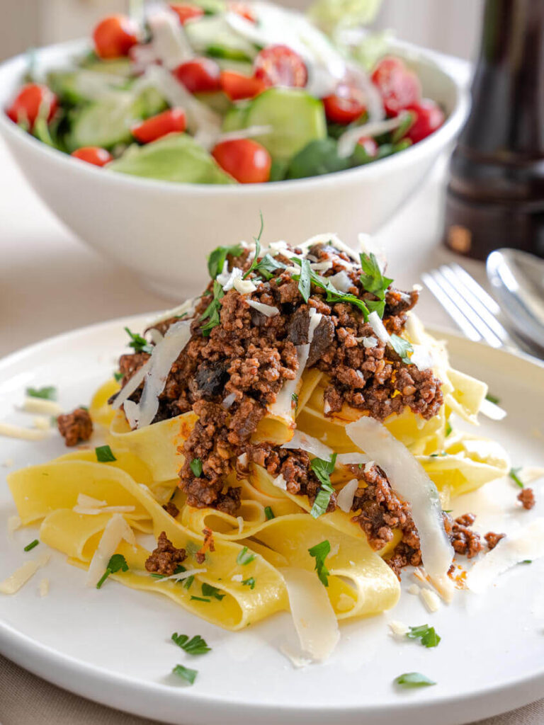 A closeup of the Easy Beef And Mushroom Bolognese