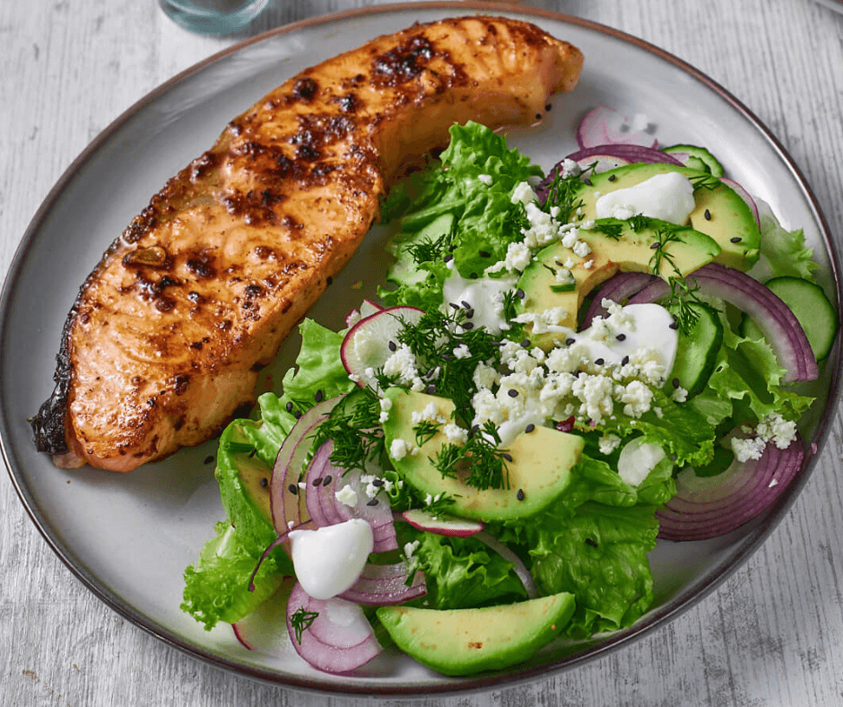 A plate of Grilled Salmon Citrus Salad