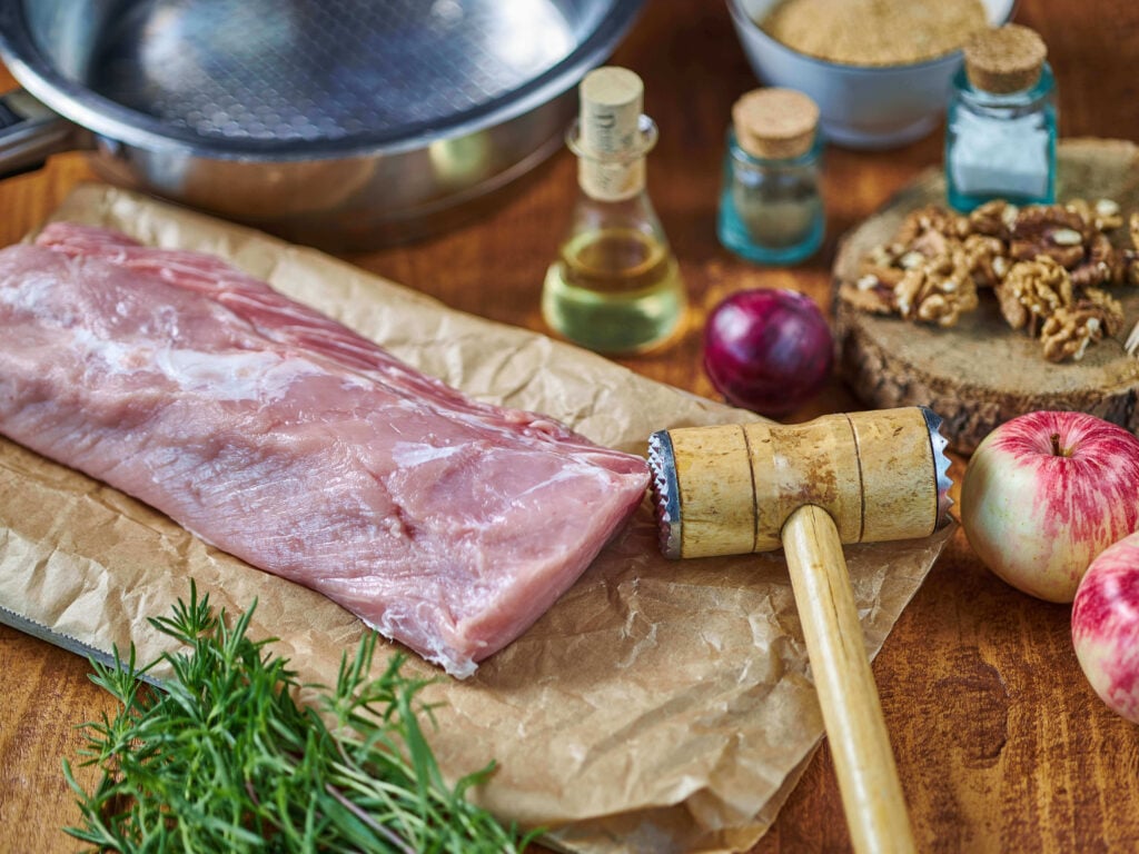 Ingredients for easy apple and walnut stuffed pork tenderloin