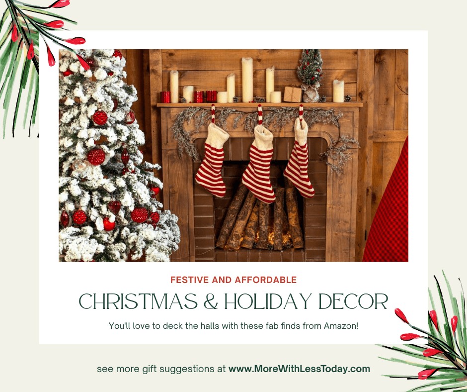Chic and Affordable Christmas & Holiday Decor graphic of a fireplace