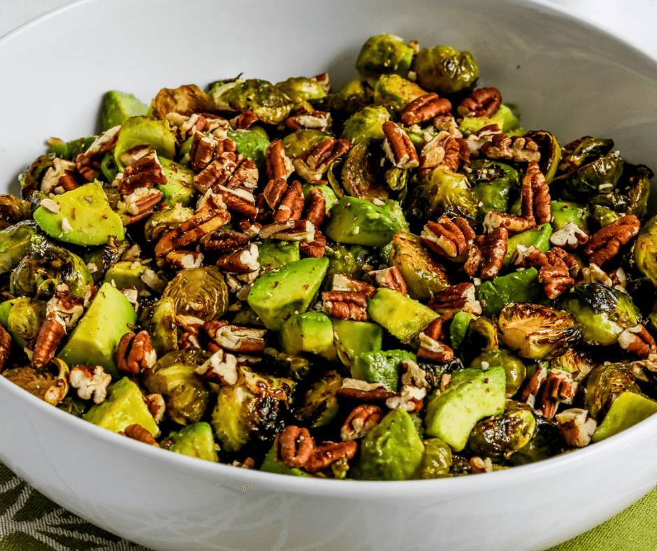 Roasted Brussels Sprouts with Avocados and Pecans