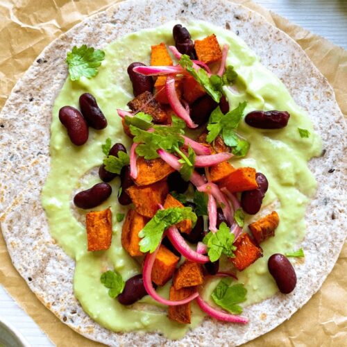 A closeup of Sweet Potato Tacos with Red Beans