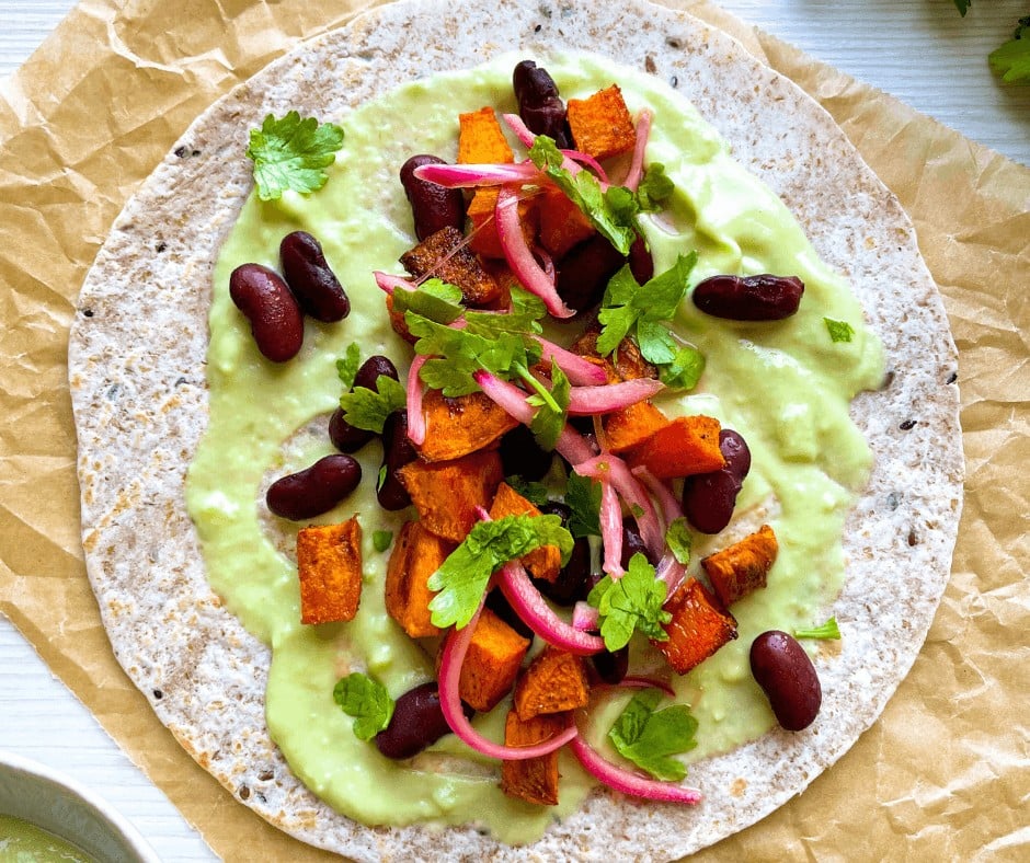 A closeup of Sweet Potato Tacos with Red Beans