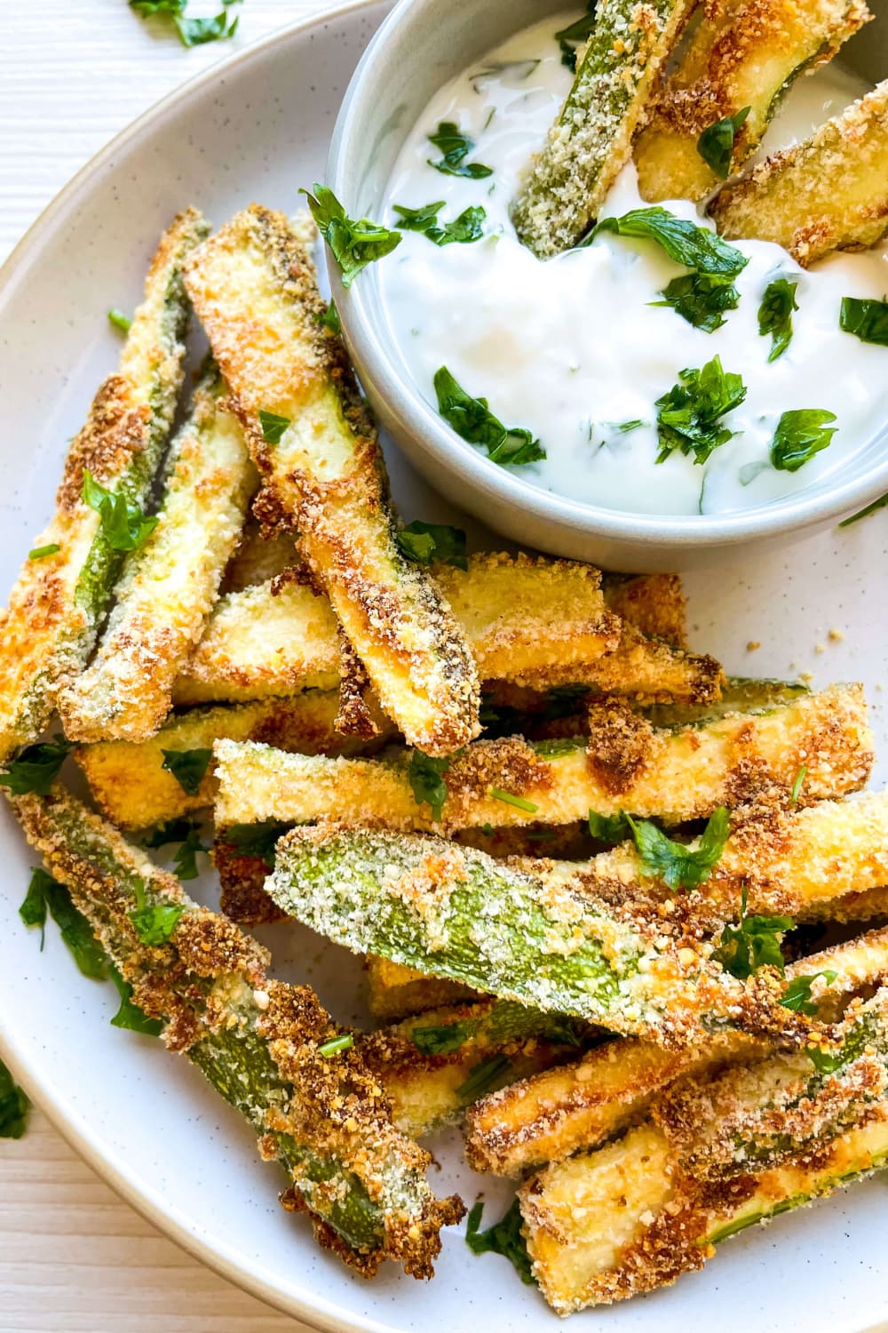 A delicious serving of Baked Zucchini Fries with Greek Yogurt Dip