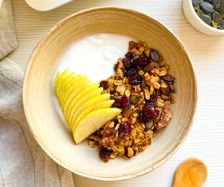 A serving of Greek Yogurt Breakfast Parfait on a bowl