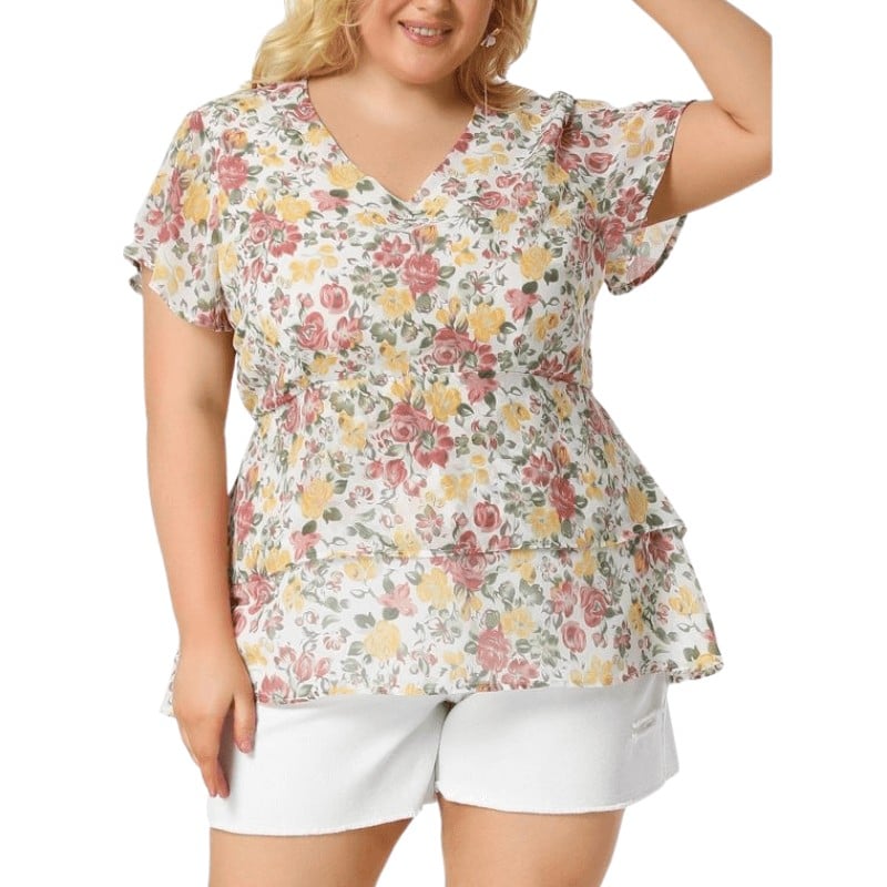 Agnes Orinda - V Neck Floral Print Peplum Blouse