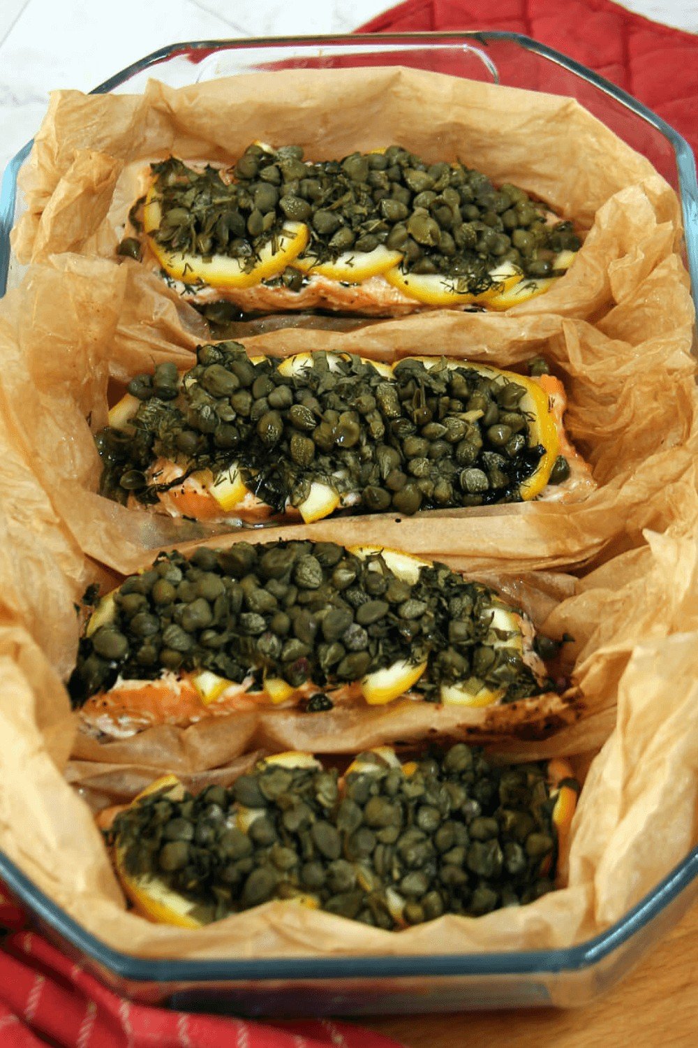 Four pieces of Baked Salmon En Papillote