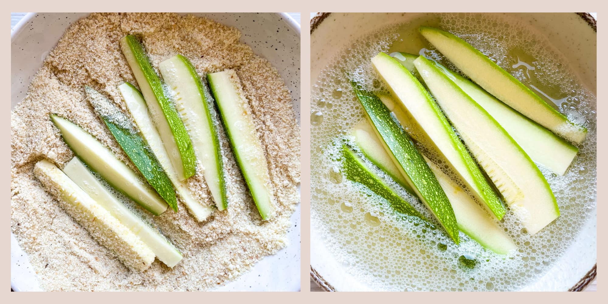 Preparing to coat the zucchini fries