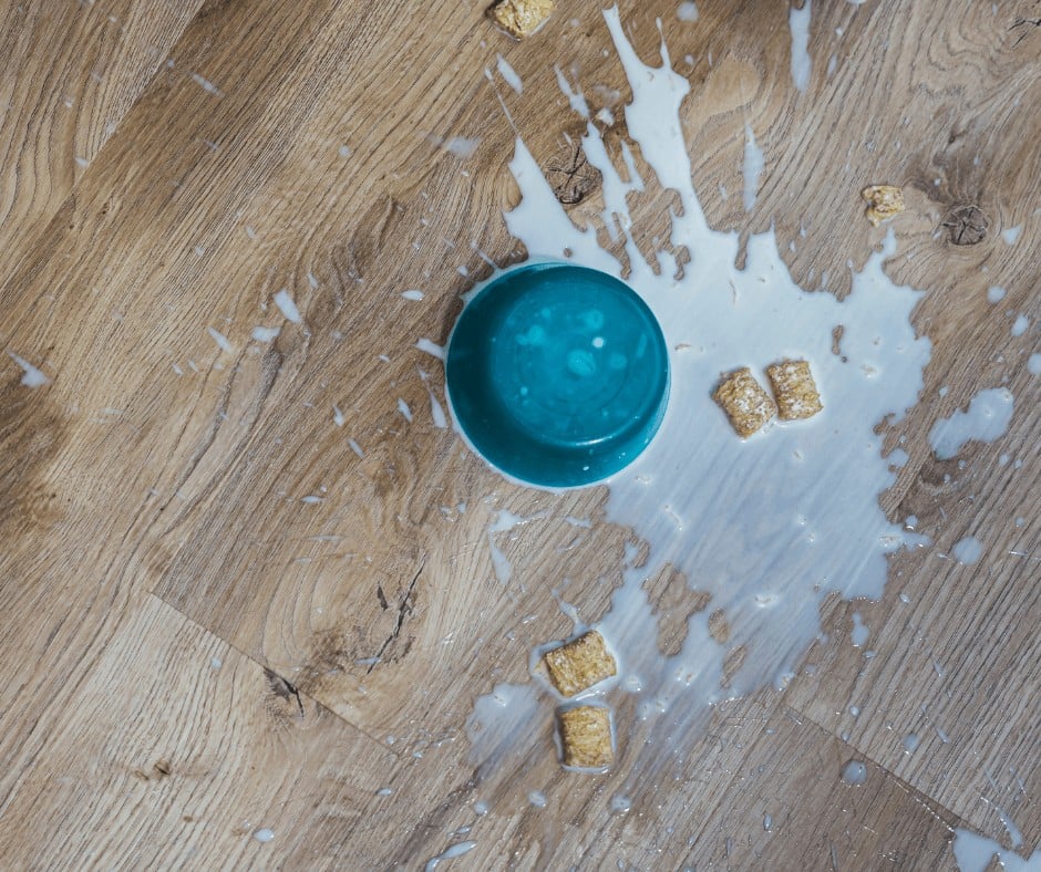 A bowl of cereal spilled on the ground