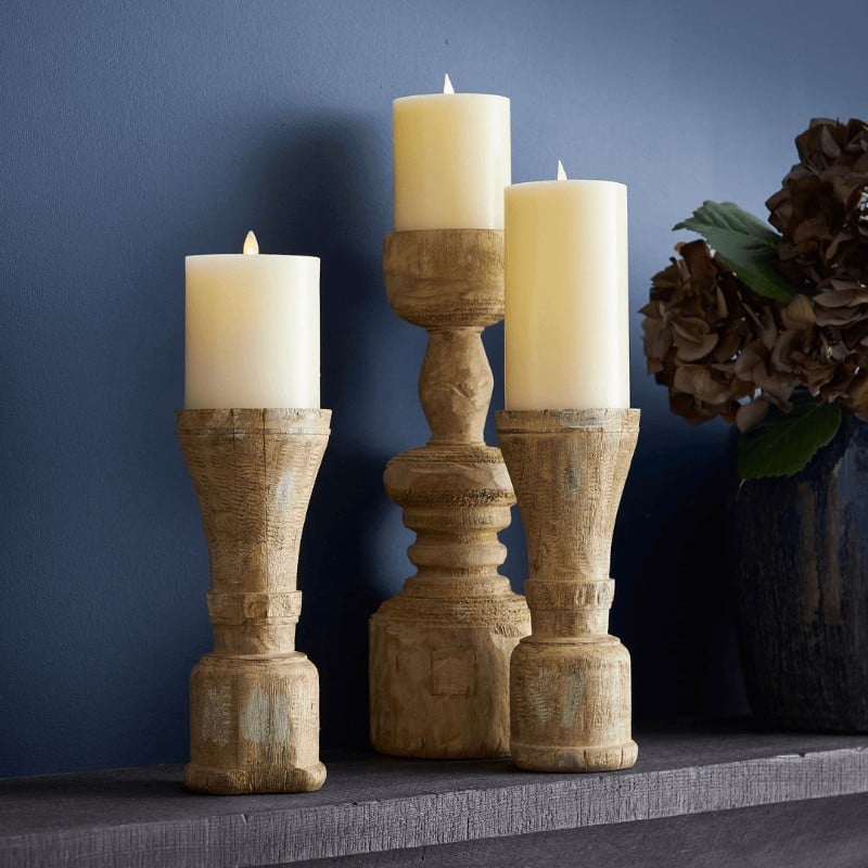 Ava Natural Wood Pillar Candleholders - Coastal Grandmother Living Room Decor