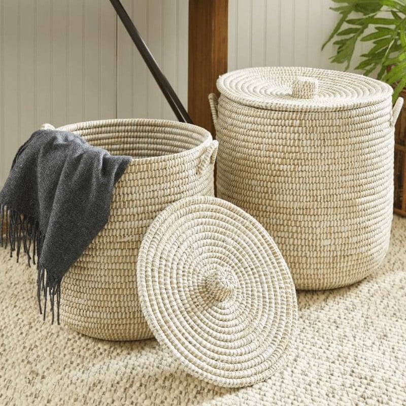 Dahlia White Rivergrass Lidded Hamper Basket Set