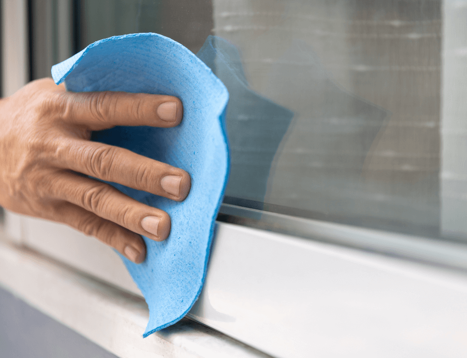 A person wiping a window to disinfect