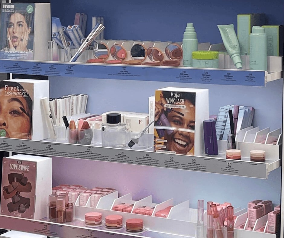 Makeup and skincare products on display in a store