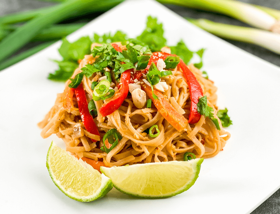 Easy Vegetable Pad Thai served on a white plate