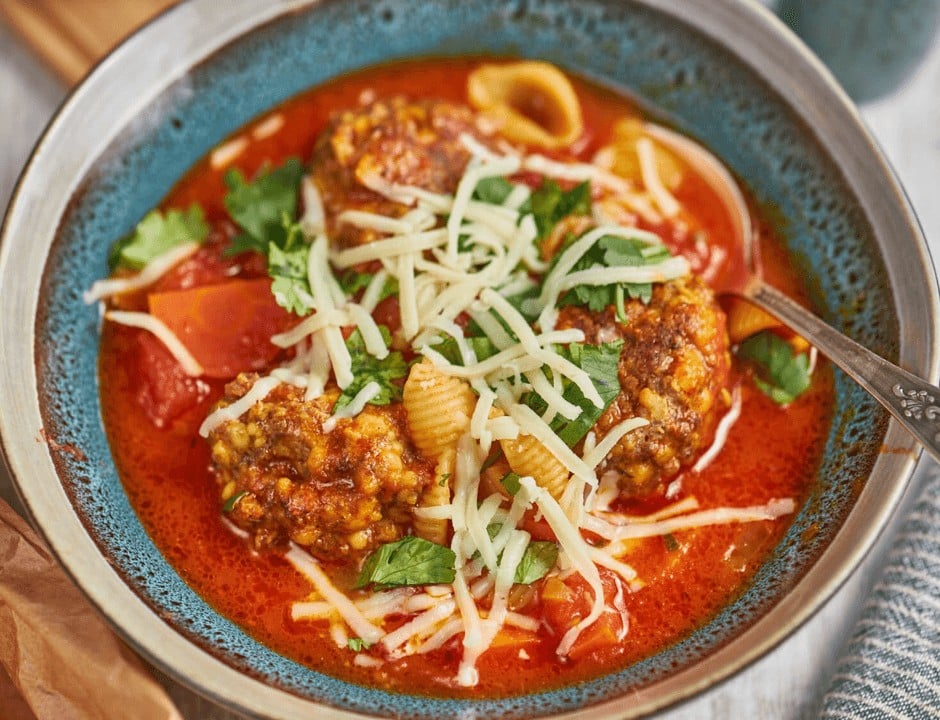 A bowl of Easy Homemade Italian Meatball Soup