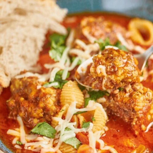 A closeup of a bowl of Homemade Italian Meatball Soup