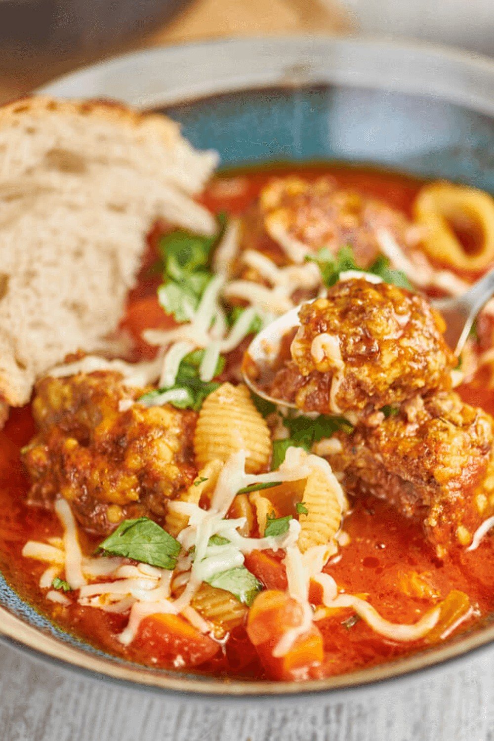 A closeup of a bowl of Homemade Italian Meatball Soup