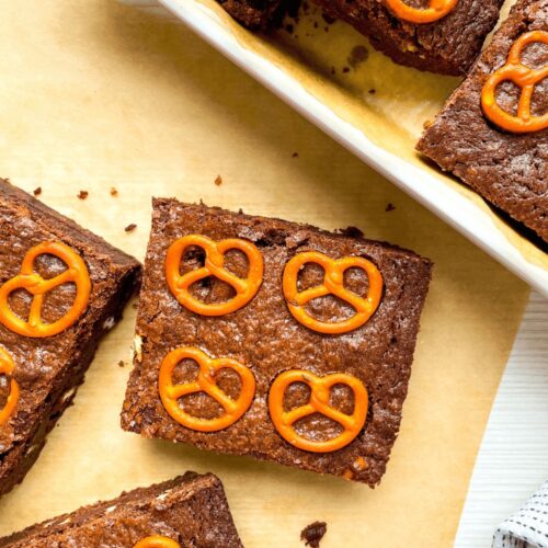A closeup of sliced Sweet And Salted Pretzel Brownies