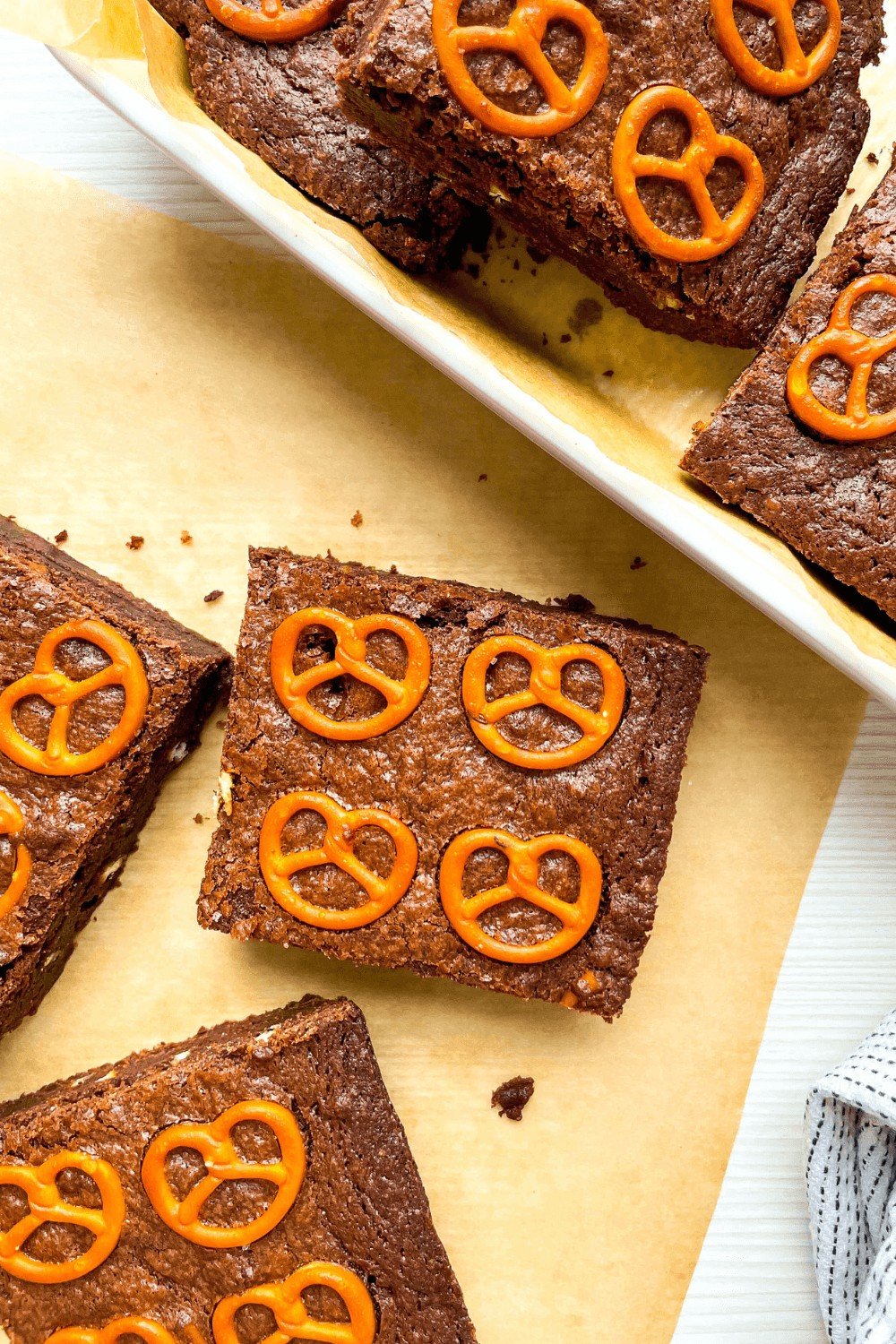 A closeup of sliced Sweet And Salted Pretzel Brownies