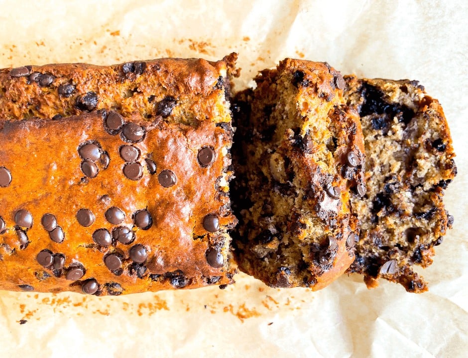 A loaf of Healthy Almond Chocolate Chip Banana Bread