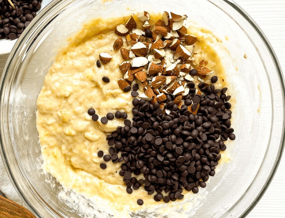 Addition of the almonds and chocolate chips for the banana bread