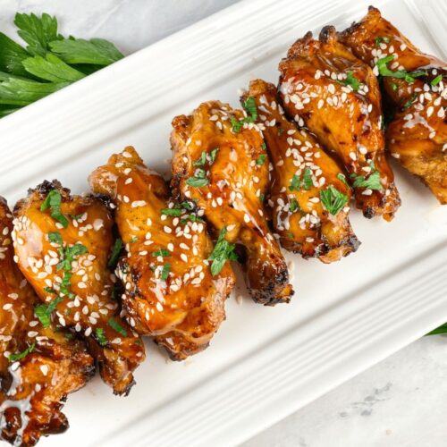 Air Fryer Chicken Teriyaki Wings on a white platter