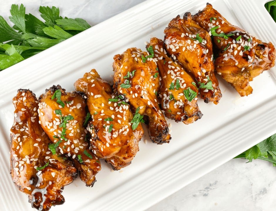 Air Fryer Chicken Teriyaki Wings on a white platter