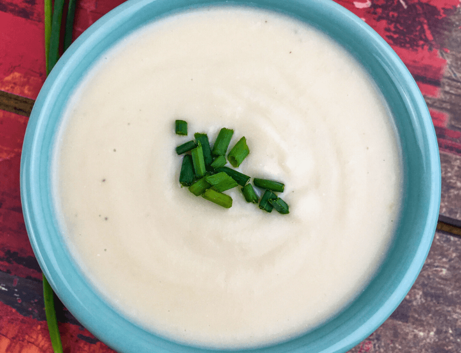 Classic Vichyssoise on a blue bowl