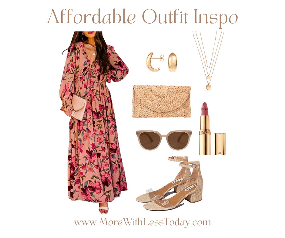 Affordable wedding guest dress and accessorites collage