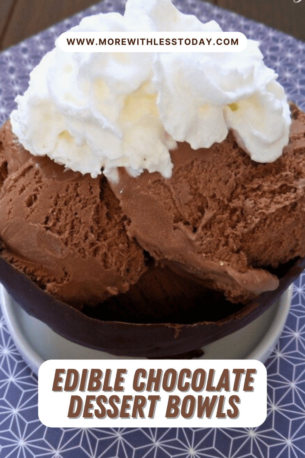 Three scoops of ice cream topped with whipped cream and placed on an Edible Chocolate Dessert Bowls - PIN