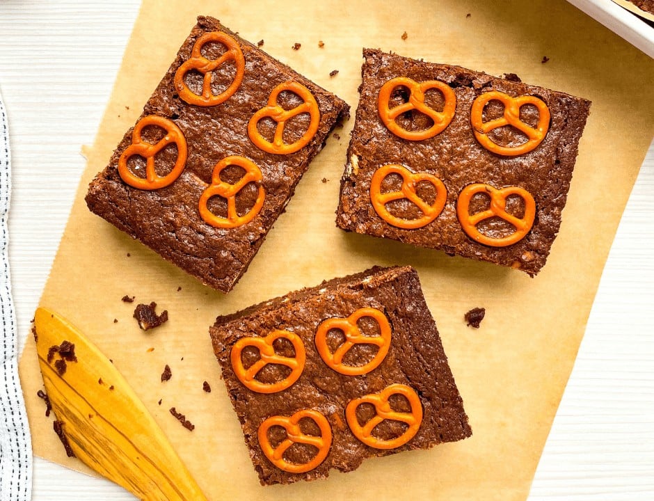 Three slices of Sweet And Salted Pretzel Brownies