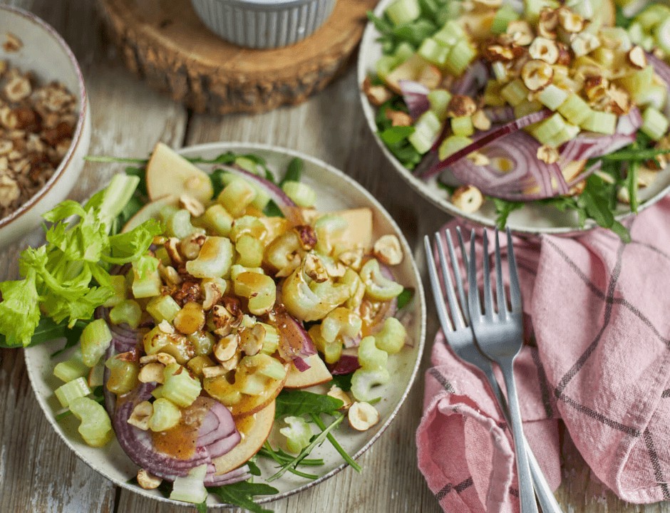 Two servings of Apple and Celery Salad with Toasted Hazelnuts